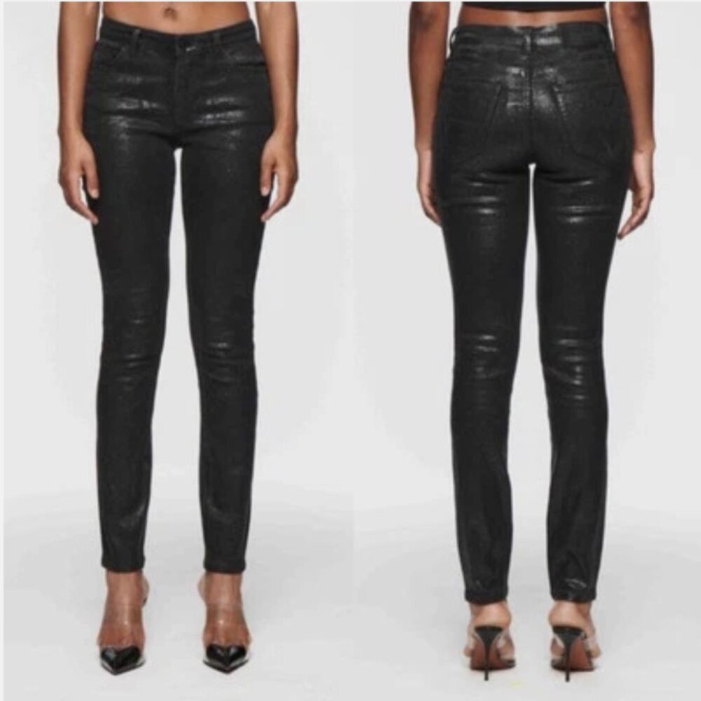 NWT REBECCA MINKOFF Black Wax-Coated Skinny Jeans w/ Glitter Sparkle 🖤 Sz 4/27